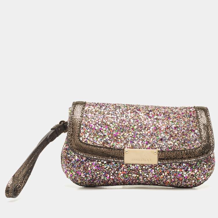Pre Owned Jimmy Choo Multicolor Glitter and Leather Wristlet Pouch