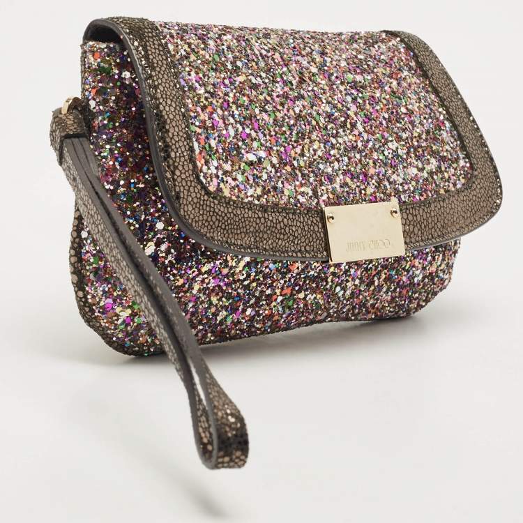 Pre Owned Jimmy Choo Multicolor Glitter and Leather Wristlet Pouch