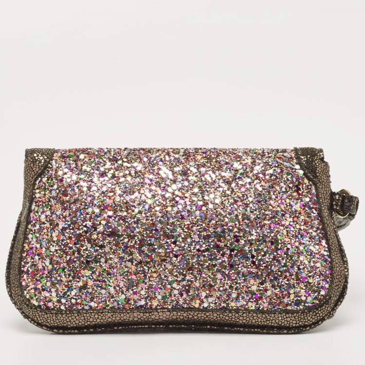 Pre Owned Jimmy Choo Multicolor Glitter and Leather Wristlet Pouch