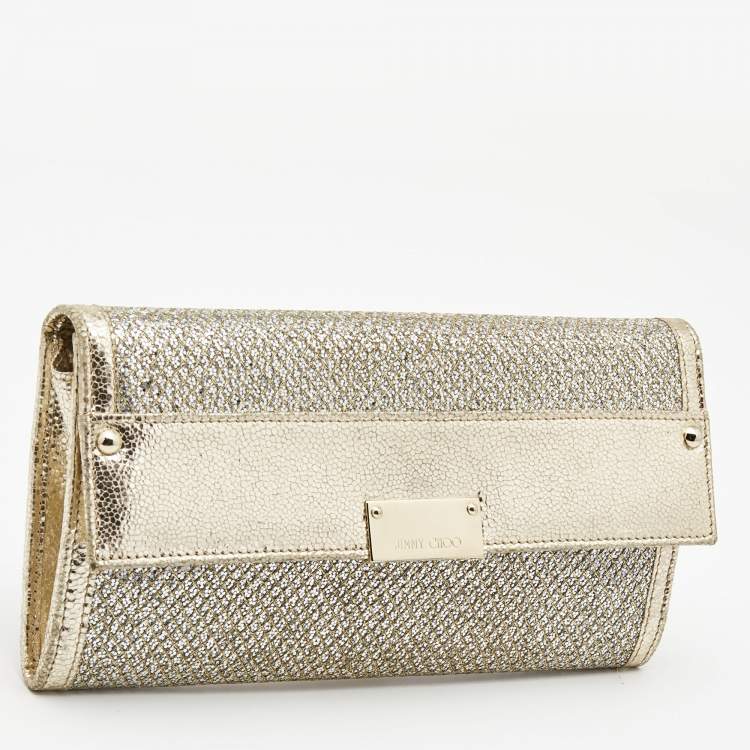 Pre Owned Jimmy Choo Gold Glitter and Leather Reese Continental Clutch