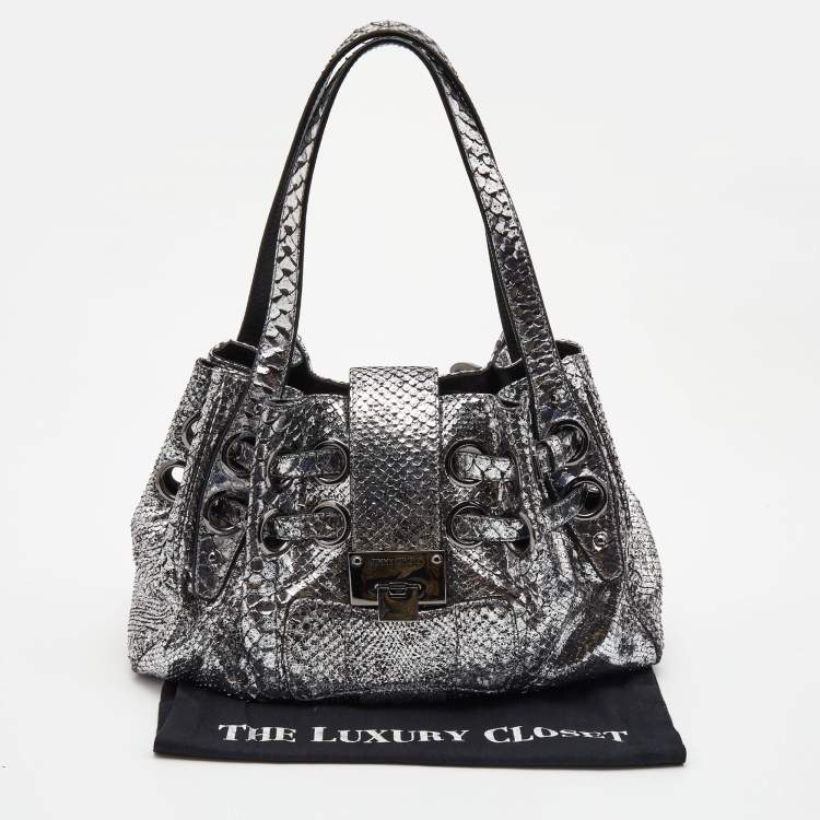 Pre Owned Jimmy Choo Silver Watersnake Leather Riki Tote