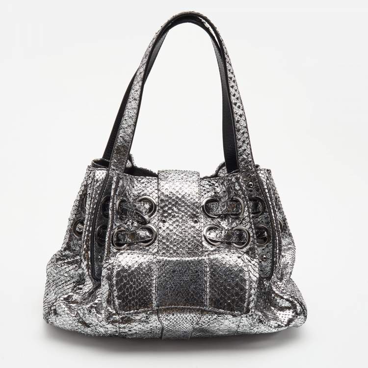 Pre Owned Jimmy Choo Silver Watersnake Leather Riki Tote