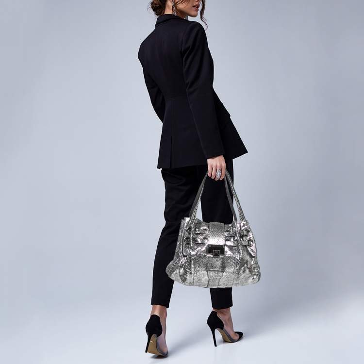 Pre Owned Jimmy Choo Silver Watersnake Leather Riki Tote