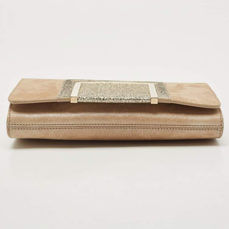 Pre Owned Jimmy Choo Gold Shimmer Suede Alara Wristlet Clutch