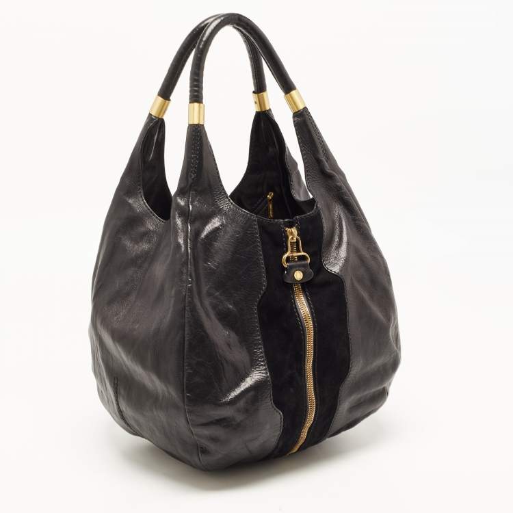 Pre Owned Jimmy Choo Black Leather and Suede Mandah Expandable Bag