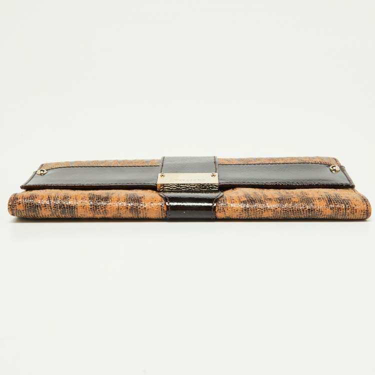 Pre Owned Jimmy Choo Beige/Brown Lizard Embossed and Patent Leather Reese Clutch