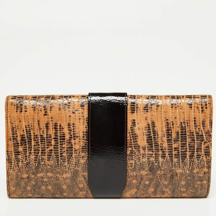 Pre Owned Jimmy Choo Beige/Brown Lizard Embossed and Patent Leather Reese Clutch