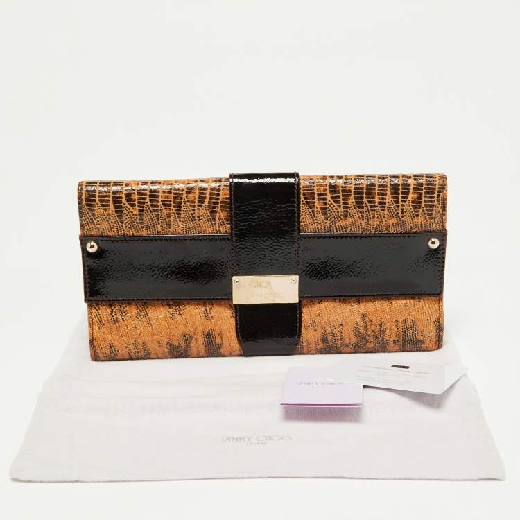 Pre Owned Jimmy Choo Beige/Brown Lizard Embossed and Patent Leather Reese Clutch