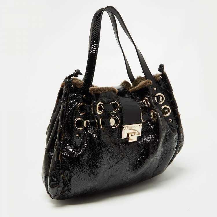 Pre Owned Jimmy Choo Black/Grey Patent Leather and Shearling Ramona Shoulder Bag