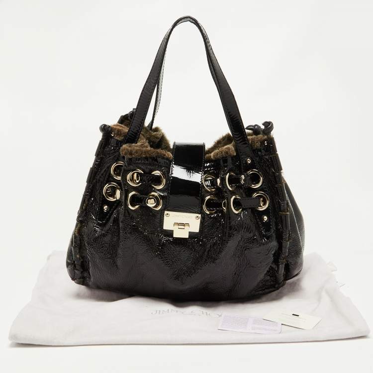 Pre Owned Jimmy Choo Black/Grey Patent Leather and Shearling Ramona Shoulder Bag