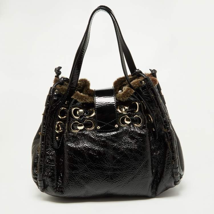 Pre Owned Jimmy Choo Black/Grey Patent Leather and Shearling Ramona Shoulder Bag