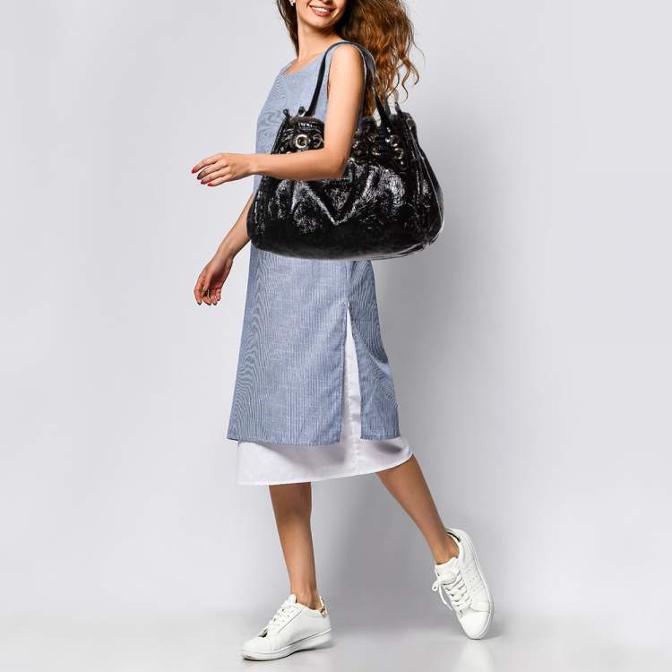 Pre Owned Jimmy Choo Black/Grey Patent Leather and Shearling Ramona Shoulder Bag