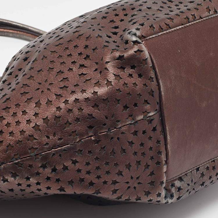 Pre Owned Jimmy Choo Metallic Bronze Perforated Leather Star Tote