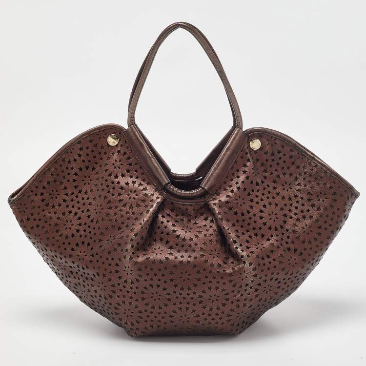 Pre Owned Jimmy Choo Metallic Bronze Perforated Leather Star Tote