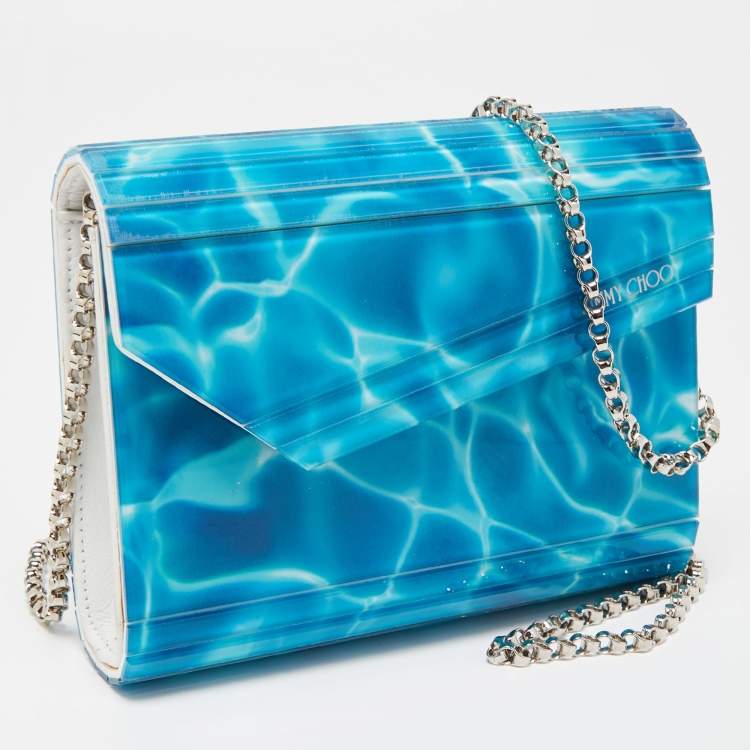 Pre Owned Jimmy Choo Blue Marble Effect Acrylic and Leather Candy Chain Clutch