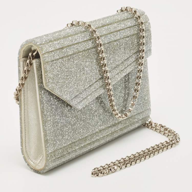 مملوكة مسبقًا Jimmy Choo Silver Glitter Acrylic and Leather Candy Chain Clutch 