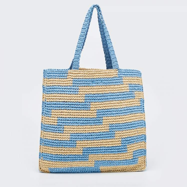 Pre Owned Jimmy Choo Tri Color Woven Raffia Embroidered Logo Avenue Tote