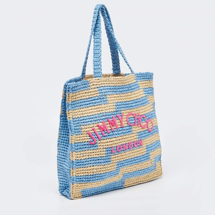 Pre Owned Jimmy Choo Tri Color Woven Raffia Embroidered Logo Avenue Tote
