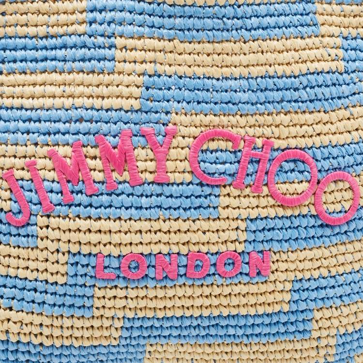 Pre Owned Jimmy Choo Tri Color Woven Raffia Embroidered Logo Avenue Tote