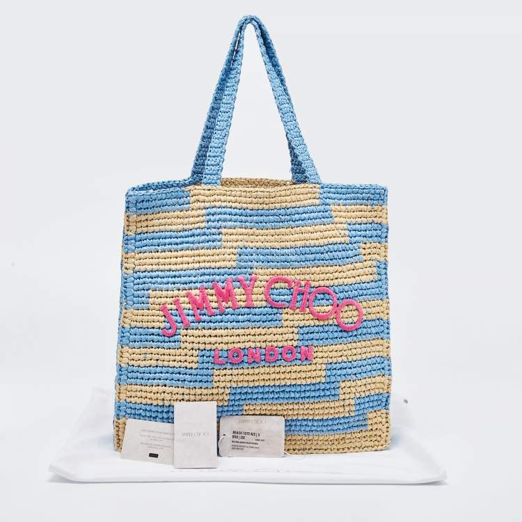 Pre Owned Jimmy Choo Tri Color Woven Raffia Embroidered Logo Avenue Tote