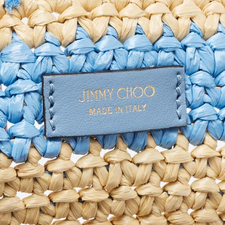 Pre Owned Jimmy Choo Tri Color Woven Raffia Embroidered Logo Avenue Tote