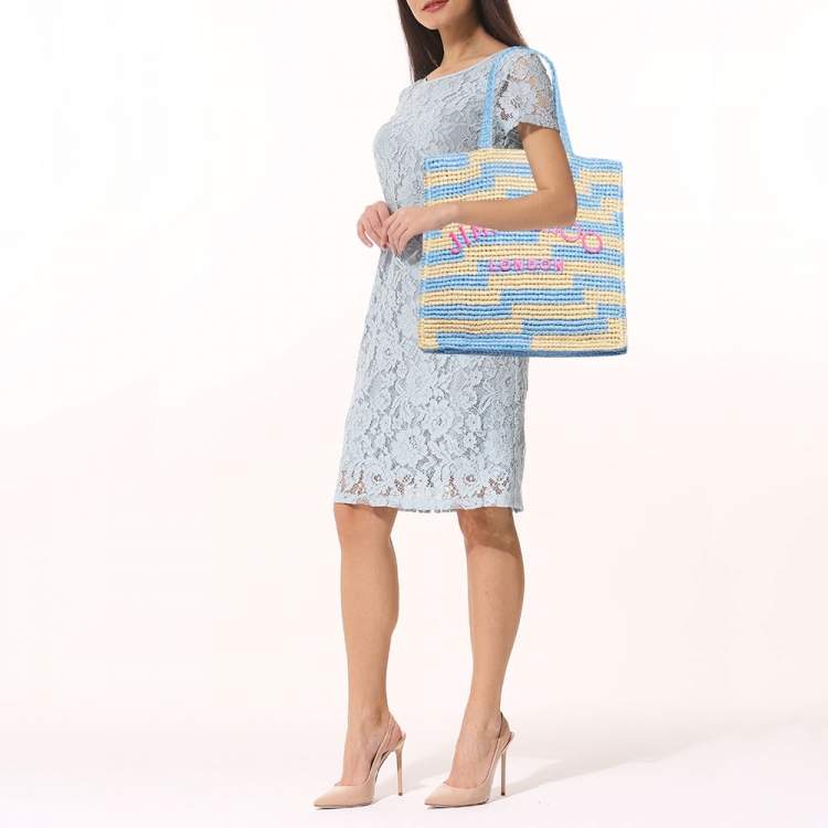 Pre Owned Jimmy Choo Tri Color Woven Raffia Embroidered Logo Avenue Tote