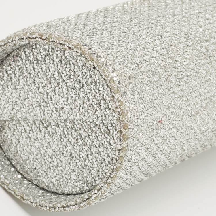 Pre Owned Jimmy Choo Silver Glitter Fabric Twill Tube Clutch