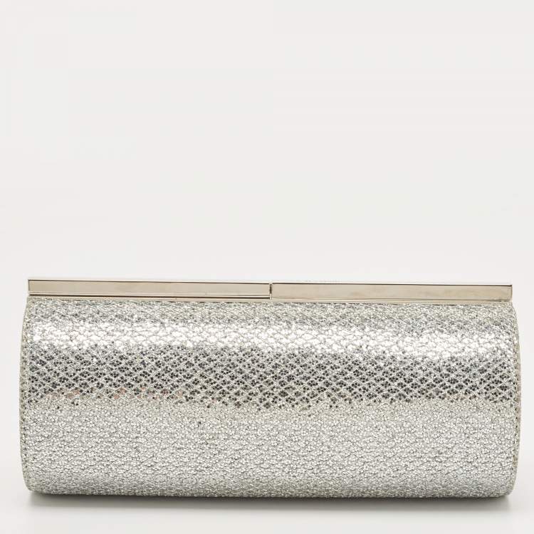 Pre Owned Jimmy Choo Silver Glitter Fabric Twill Tube Clutch