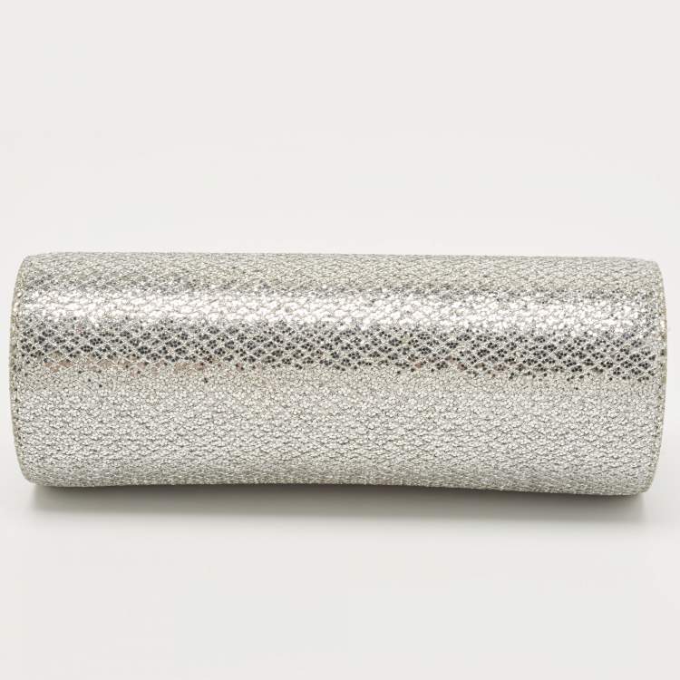 Pre Owned Jimmy Choo Silver Glitter Fabric Twill Tube Clutch