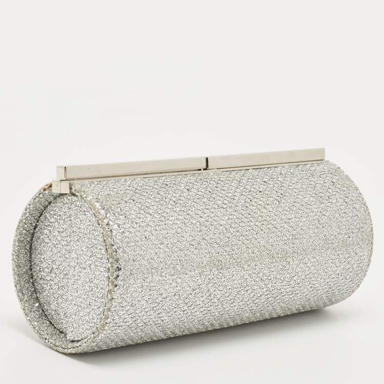 Pre Owned Jimmy Choo Silver Glitter Fabric Twill Tube Clutch
