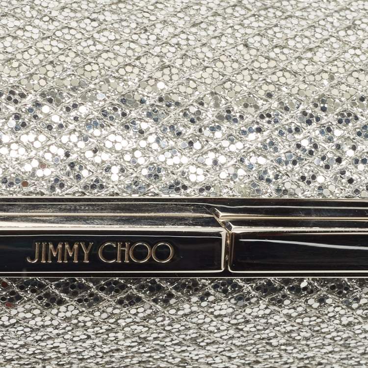 Pre Owned Jimmy Choo Silver Glitter Fabric Twill Tube Clutch