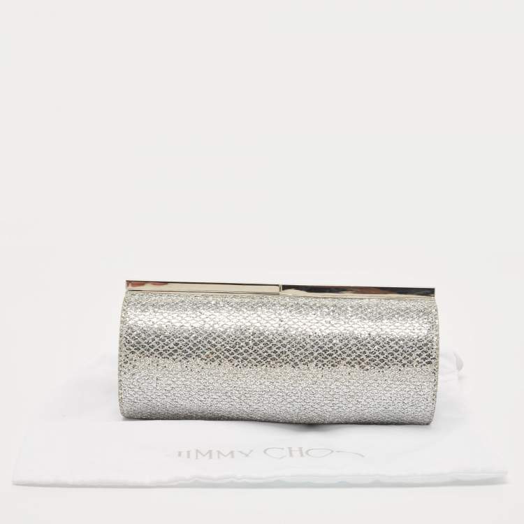 Pre Owned Jimmy Choo Silver Glitter Fabric Twill Tube Clutch
