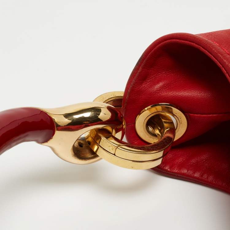 Pre Owned Jimmy Choo Red Leather Enamel Handle Hobo