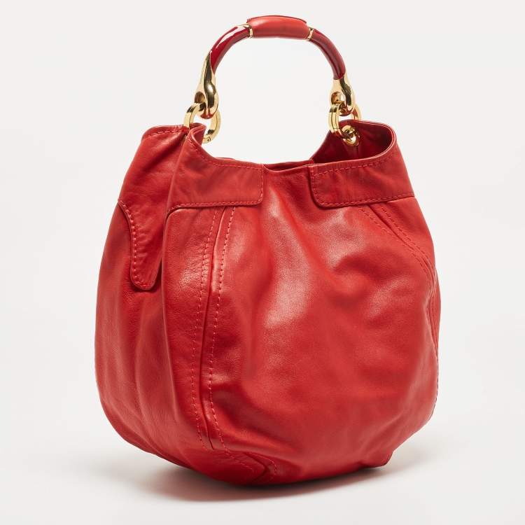 Pre Owned Jimmy Choo Red Leather Enamel Handle Hobo