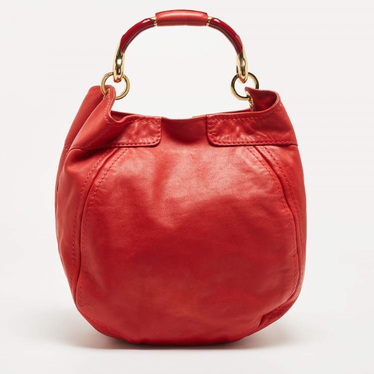 Pre Owned Jimmy Choo Red Leather Enamel Handle Hobo