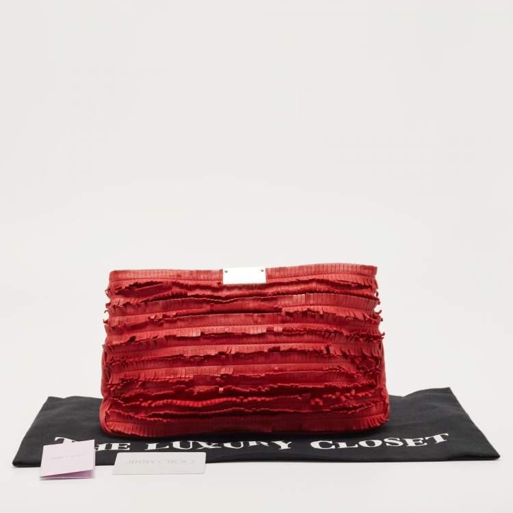 Pre Owned Jimmy Choo Red Leather and Suede Fringe Clutch