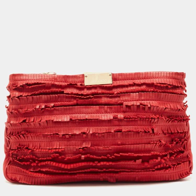 Pre Owned Jimmy Choo Red Leather and Suede Fringe Clutch