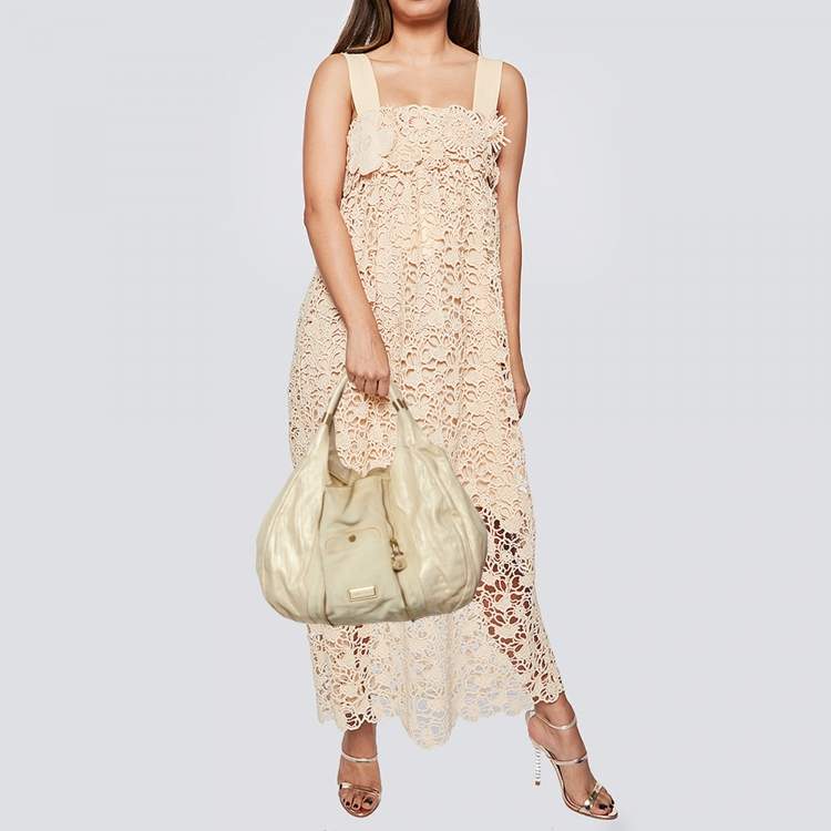 Pre Owned Jimmy Choo Beige/Gold Leather and Suede Mandah Expandable Hobo
