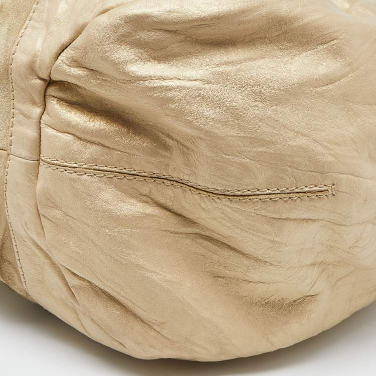 Pre Owned Jimmy Choo Beige/Gold Leather and Suede Mandah Expandable Hobo