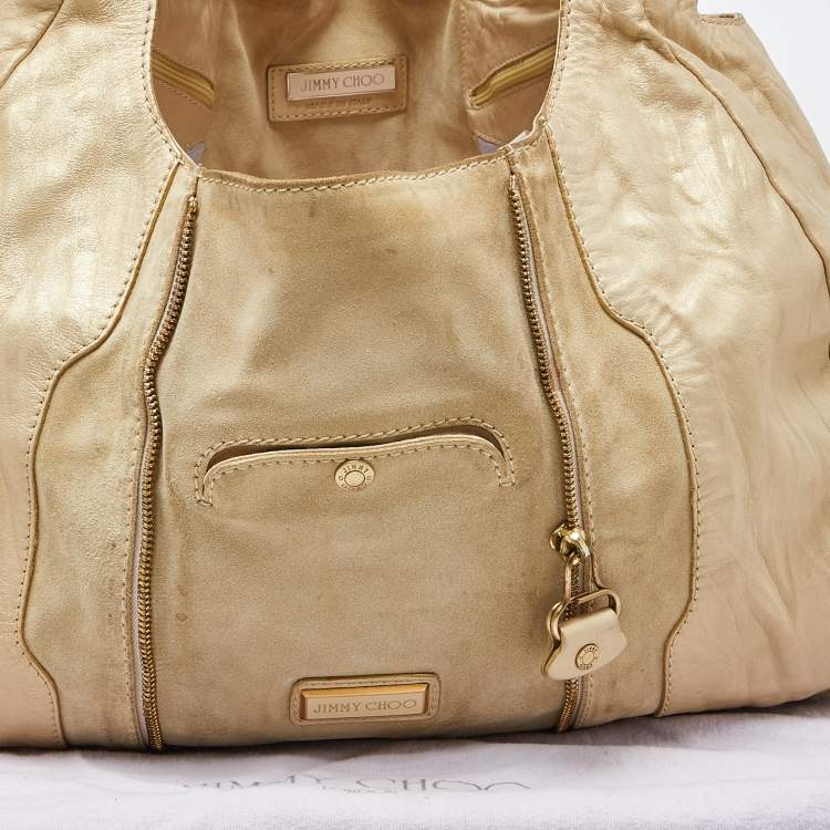 Pre Owned Jimmy Choo Beige/Gold Leather and Suede Mandah Expandable Hobo