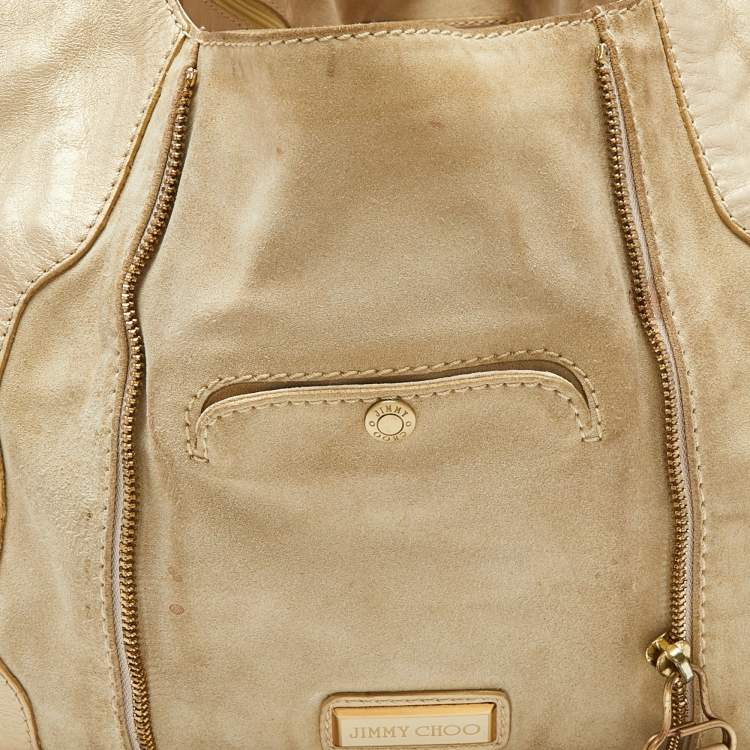 Pre Owned Jimmy Choo Beige/Gold Leather and Suede Mandah Expandable Hobo