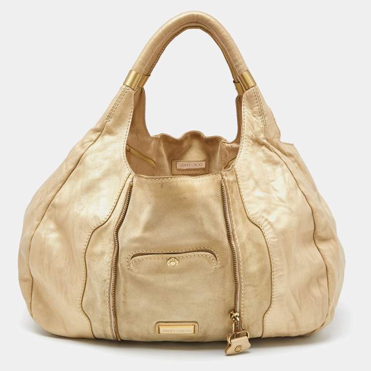 Pre Owned Jimmy Choo Beige/Gold Leather and Suede Mandah Expandable Hobo