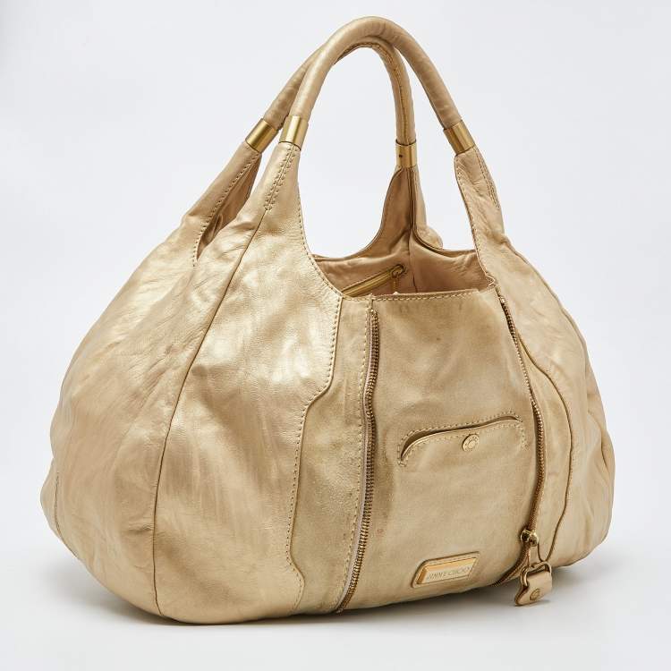 Pre Owned Jimmy Choo Beige/Gold Leather and Suede Mandah Expandable Hobo