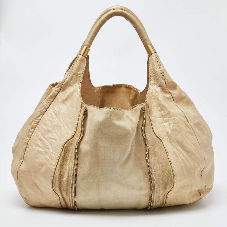 Pre Owned Jimmy Choo Beige/Gold Leather and Suede Mandah Expandable Hobo
