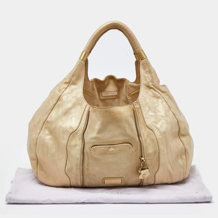 Pre Owned Jimmy Choo Beige/Gold Leather and Suede Mandah Expandable Hobo