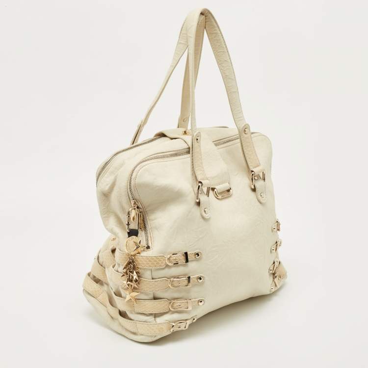 Pre Owned Jimmy Choo Off White/Light Beige Distressed Leather and Snakeskin Trims Bree Satchel