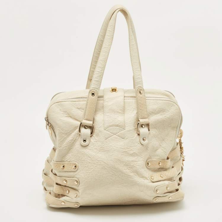 Pre Owned Jimmy Choo Off White/Light Beige Distressed Leather and Snakeskin Trims Bree Satchel