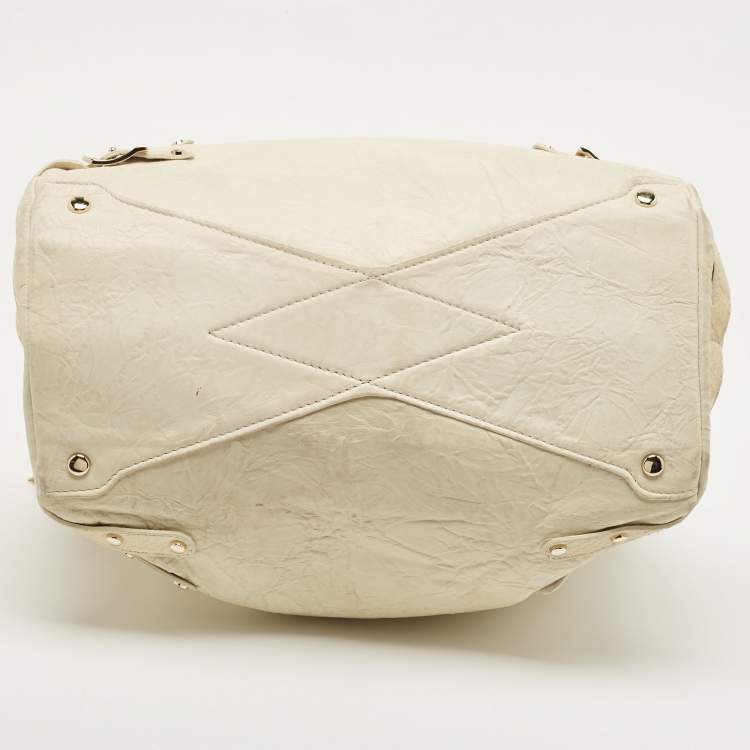 Pre Owned Jimmy Choo Off White/Light Beige Distressed Leather and Snakeskin Trims Bree Satchel