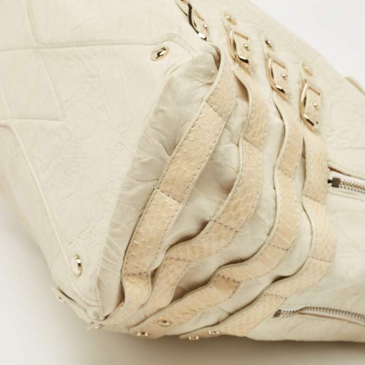 Pre Owned Jimmy Choo Off White/Light Beige Distressed Leather and Snakeskin Trims Bree Satchel