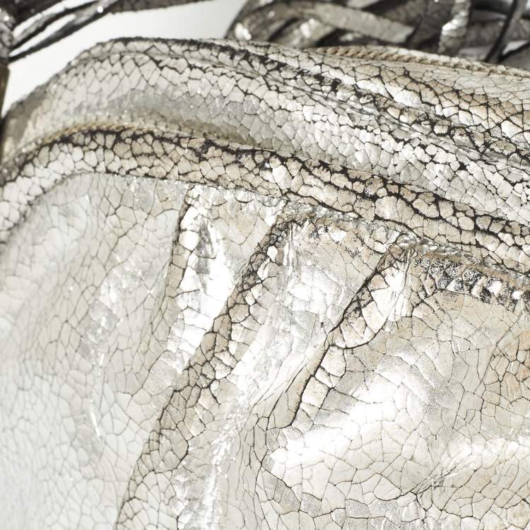 Pre Owned Jimmy Choo Silver Cracking Leather Double Zip Tassel Clutch